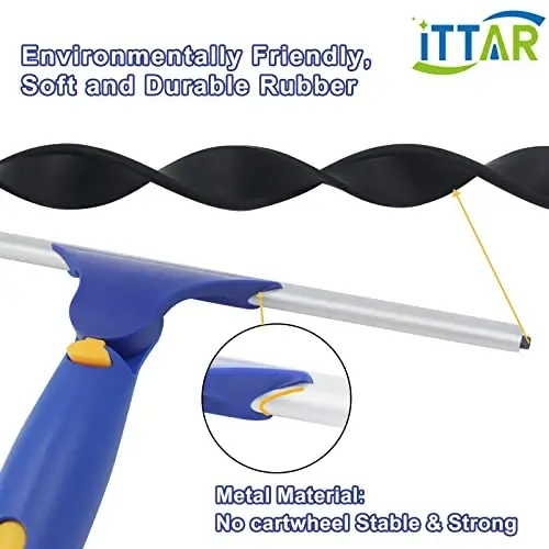 ‌ITTAR Window Squeegee Cleaner Kit, 5Ft Extendable Stainless Steel Pole with Rotatable Rubber Squeegee & 2 Microfiber Scrubber Pads, Professional Window Cleaning Tool for Home, Shower, Car, Windshield - 6