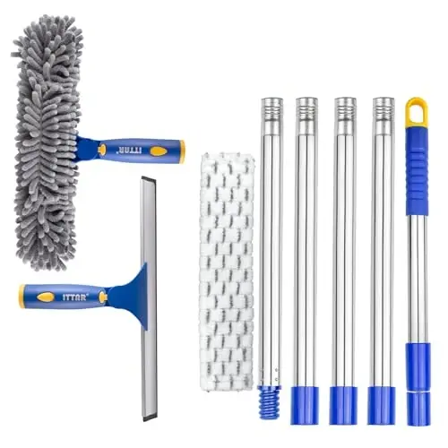 ITTAR Professional Window Cleaning Squeegee Kit, 7.15 Ft High Reach Cleaner Tool, Rotatable Window Washing Equipment with Extension Pole for Indoor/Outdoor Window, Glass, Car, 1 Blade 2 Scrubber 