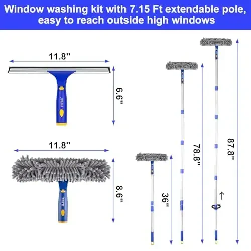 ITTAR Professional Window Cleaning Squeegee Kit, 7.15 Ft High Reach Cleaner Tool, Rotatable Window Washing Equipment with Extension Pole for Indoor/Outdoor Window, Glass, Car, 1 Blade 2 Scrubber - 3