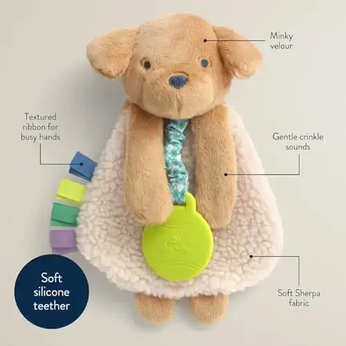 Itzy Ritzy - Itzy Lovey Including Teether - Baby Lovey with Teether, Textured Ribbons & Dangle Arms - Features Crinkle Sound, Sherpa Fabric and Minky Plush (Puppy) - 4