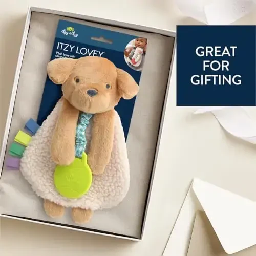 Itzy Ritzy - Itzy Lovey Including Teether - Baby Lovey with Teether, Textured Ribbons & Dangle Arms - Features Crinkle Sound, Sherpa Fabric and Minky Plush (Puppy) - 6