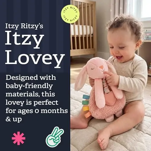 Itzy Ritzy - Itzy Lovey Including Teether - Baby Lovey with Teether, Textured Ribbons & Dangle Arms - Features Crinkle Sound, Sherpa Fabric and Minky Plush (Pink Bunny) 