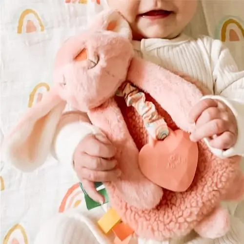 Itzy Ritzy - Itzy Lovey Including Teether - Baby Lovey with Teether, Textured Ribbons & Dangle Arms - Features Crinkle Sound, Sherpa Fabric and Minky Plush (Pink Bunny) - MODAZONE (1)