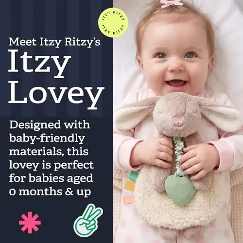 Itzy Ritzy - Itzy Lovey Including Teether - Baby Lovey with Teether, Textured Ribbons & Dangle Arms - Features Crinkle Sound, Sherpa Fabric and Minky Plush (Taupe Bunny) 
