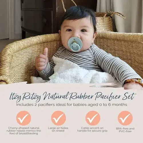 Itzy Ritzy Natural Rubber Newborn Pacifiers (Set of 2) – Baby Pacifiers with Cherry-Shaped Nipple & Large Air Holes for Added Safety; Set of 2 Binkies in Harbor & Coast (Ages 0 – 6 Months) - 4
