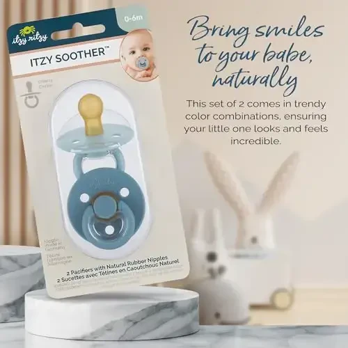 Itzy Ritzy Natural Rubber Newborn Pacifiers (Set of 2) – Baby Pacifiers with Cherry-Shaped Nipple & Large Air Holes for Added Safety; Set of 2 Binkies in Harbor & Coast (Ages 0 – 6 Months) - 6