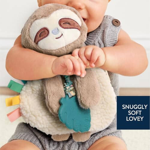 Itzy Ritzy - Itzy Lovey Including Teether - Baby Lovey with Teether, Textured Ribbons & Dangle Arms - Features Crinkle Sound, Sherpa Fabric and Minky Plush (Sloth) - 3