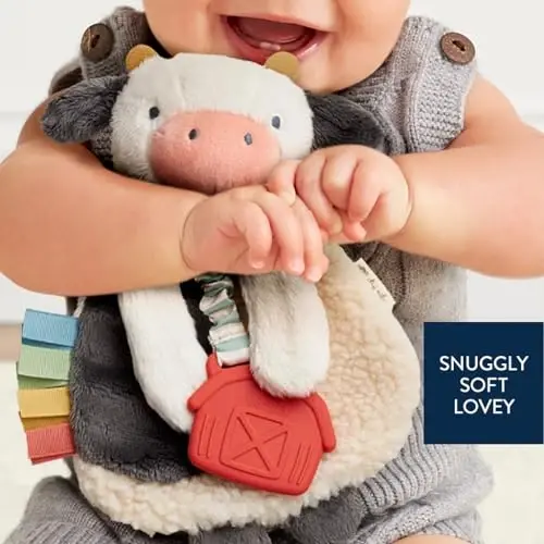 Itzy Ritzy - Itzy Lovey Including Teether - Baby Lovey with Teether, Textured Ribbons & Dangle Arms - Features Crinkle Sound, Sherpa Fabric and Minky Plush (Cow) - 5
