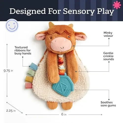 Itzy Ritzy - Itzy Lovey Including Teether - Baby Lovey with Teether, Textured Ribbons & Dangle Arms - Features Crinkle Sound, Sherpa Fabric and Minky Plush (Highland Cow) - ITZY RITZY (1)