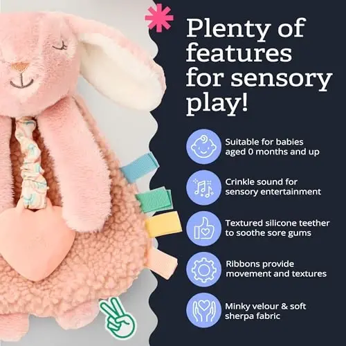 Itzy Ritzy - Itzy Lovey Including Teether - Baby Lovey with Teether, Textured Ribbons & Dangle Arms - Features Crinkle Sound, Sherpa Fabric and Minky Plush (Pink Bunny) - ITZY RITZY (1)