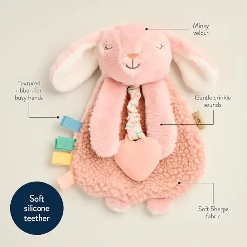 Itzy Ritzy - Itzy Lovey Including Teether - Baby Lovey with Teether, Textured Ribbons & Dangle Arms - Features Crinkle Sound, Sherpa Fabric and Minky Plush (Pink Bunny) - 4
