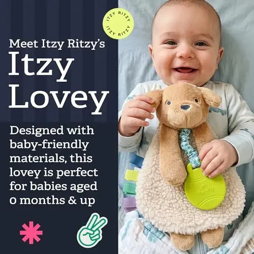 Itzy Ritzy - Itzy Lovey Including Teether - Baby Lovey with Teether, Textured Ribbons & Dangle Arms - Features Crinkle Sound, Sherpa Fabric and Minky Plush (Puppy) 