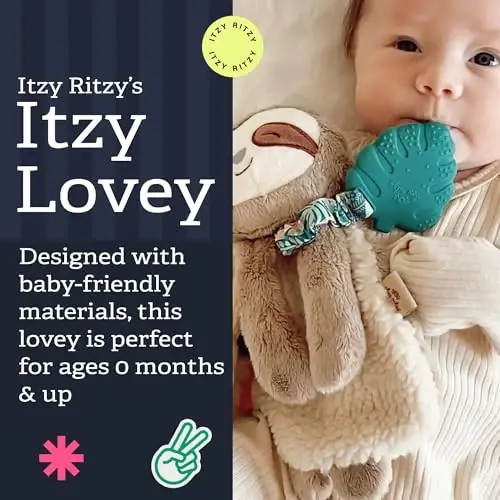 Itzy Ritzy - Itzy Lovey Including Teether - Baby Lovey with Teether, Textured Ribbons & Dangle Arms - Features Crinkle Sound, Sherpa Fabric and Minky Plush (Sloth) 
