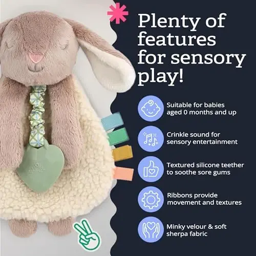 Itzy Ritzy - Itzy Lovey Including Teether - Baby Lovey with Teether, Textured Ribbons & Dangle Arms - Features Crinkle Sound, Sherpa Fabric and Minky Plush (Taupe Bunny) - 2