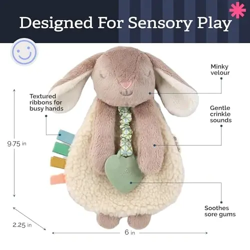 Itzy Ritzy - Itzy Lovey Including Teether - Baby Lovey with Teether, Textured Ribbons & Dangle Arms - Features Crinkle Sound, Sherpa Fabric and Minky Plush (Taupe Bunny) - 3