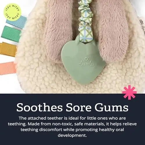 Itzy Ritzy - Itzy Lovey Including Teether - Baby Lovey with Teether, Textured Ribbons & Dangle Arms - Features Crinkle Sound, Sherpa Fabric and Minky Plush (Taupe Bunny) - 4