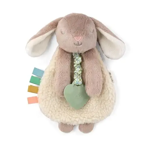 Itzy Ritzy - Itzy Lovey Including Teether - Baby Lovey with Teether, Textured Ribbons & Dangle Arms - Features Crinkle Sound, Sherpa Fabric and Minky Plush (Taupe Bunny) - 1