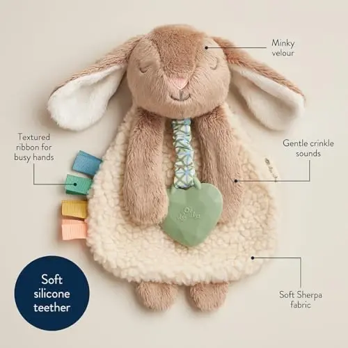 Itzy Ritzy - Itzy Lovey Including Teether - Baby Lovey with Teether, Textured Ribbons & Dangle Arms - Features Crinkle Sound, Sherpa Fabric and Minky Plush (Taupe Bunny) - 3