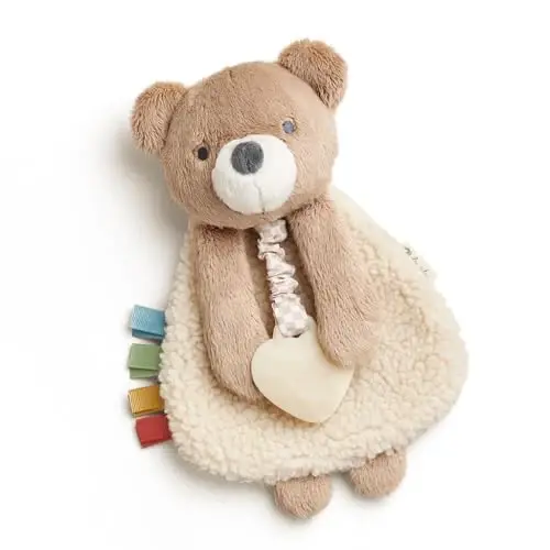 Itzy Ritzy - Itzy Lovey, Including Teether. Soft baby lovey with textured ribbons & dangle arms, features crinkle sound, Sherpa fabric and Minky plush (Bear) - 1