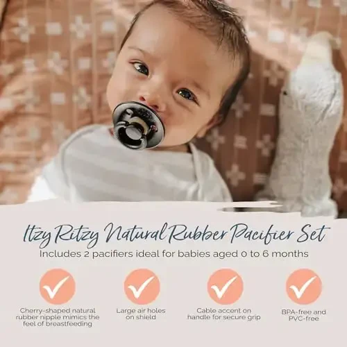 Itzy Ritzy Natural Rubber Newborn Pacifiers (Set of 2) – Baby Pacifiers with Cherry-Shaped Nipple & Large Air Holes for Added Safety; Set of 2 Binkies in Camo & Midnight (Ages 0 – 6 Months) - 3