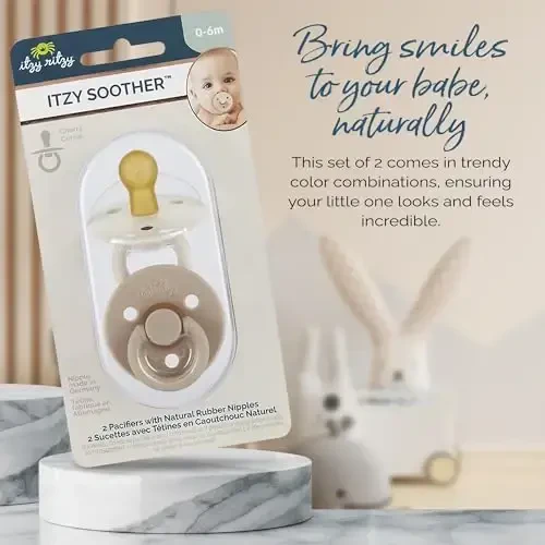 Itzy Ritzy Natural Rubber Pacifiers, Set of 2 – Natural Rubber Newborn Pacifiers with Cherry-Shaped Nipple & Large Air Holes for Added Safety; Set of 2 in Coconut & Toast, Ages 0 – 6 Months - 6