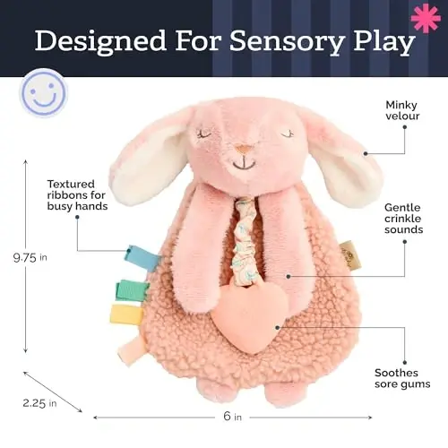 Itzy Ritzy - Tishlagichni o'z ichiga olgan Itzy Lovey - Tishlagichli chaqaloq Lovey, teksturali lentalar va osilgan qo'llar - Ajin tovushi, Sherpa matosi va Minky plush xususiyatlariga ega (Pushti quyon) - 3