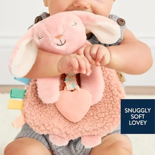 Itzy Ritzy - Tishlagichni o'z ichiga olgan Itzy Lovey - Tishlagichli chaqaloq Lovey, teksturali lentalar va osilgan qo'llar - Ajin tovushi, Sherpa matosi va Minky plush xususiyatlariga ega (Pushti quyon) - 3