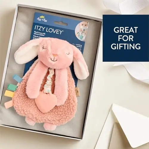 Itzy Ritzy - Tishlagichni o'z ichiga olgan Itzy Lovey - Tishlagichli chaqaloq Lovey, teksturali lentalar va osilgan qo'llar - Ajin tovushi, Sherpa matosi va Minky plush xususiyatlariga ega (Pushti quyon) - 6