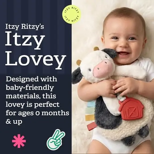 Itzy Ritzy - Tishlagichni o'z ichiga olgan Itzy Lovey - Tishlagichli chaqaloq Lovey, teksturali lentalar va osilgan qo'llar - Kirishimli tovush, Sherpa mato va Minky Plush (Sigir) 