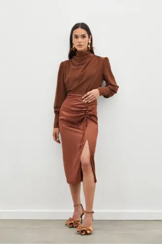 Юбка атласная с драпировкой - КОФЕ-КОФЕ - SATEEN (1)