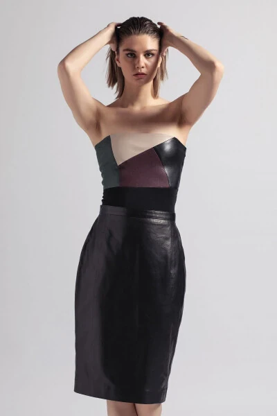 Юбка из натуральной кожи, черная женская карандашная подкладка, разрез сзади на молнии. - 1