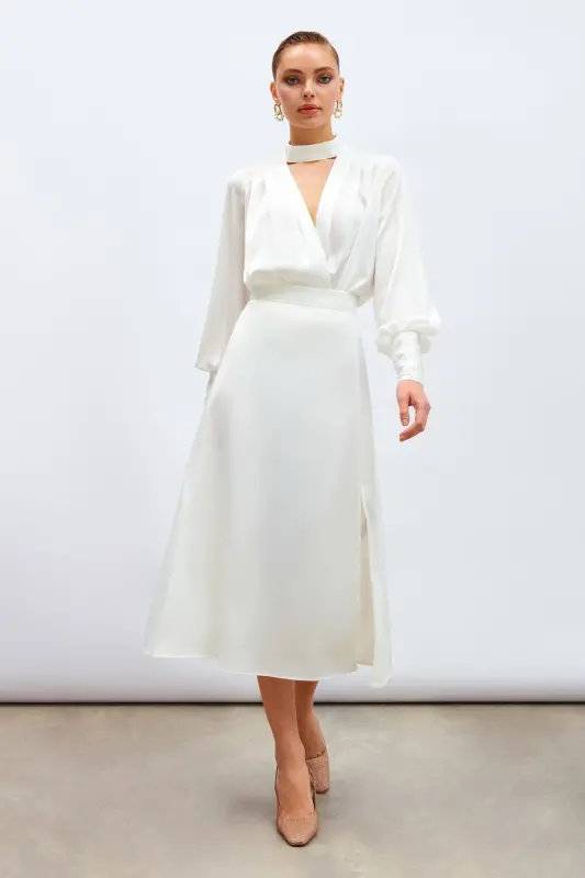 Юбка из сатина с разрезом - Экри - 1