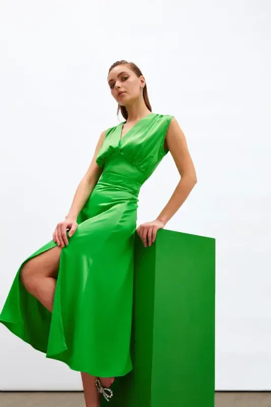 Юбка из сатина с разрезом - Зеленая - SATEEN