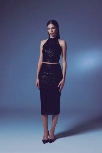 Юбка-карандаш с пайетками - Черный-ЧЕРНЫЙ - SATEEN (1)