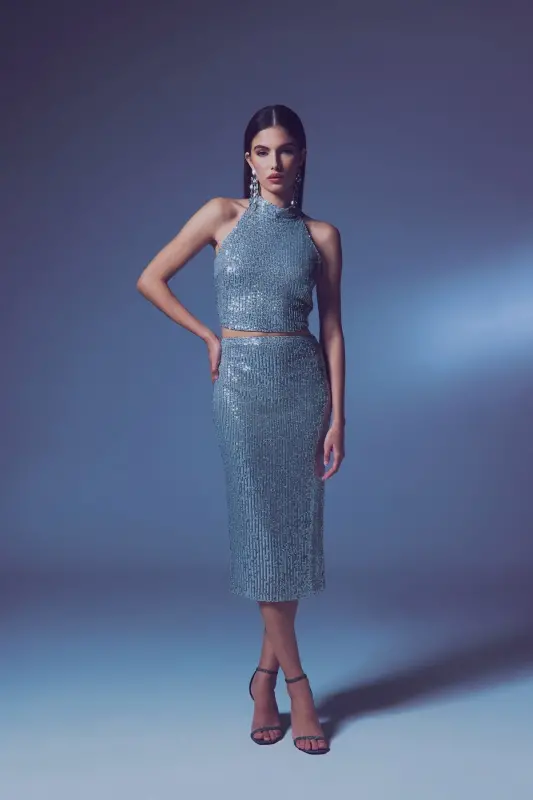 Юбка-карандаш с пайетками - Серебристый-СЕРЕБРИСТЫЙ - SATEEN