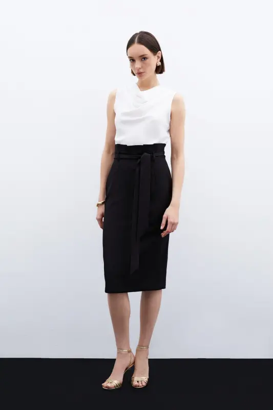 Юбка-карандаш с поясом - Черный-ЧЕРНЫЙ - 2