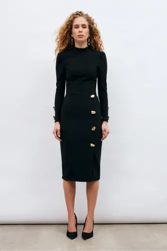 Юбка-карандаш с пуговицами - Черный - SATEEN (1)