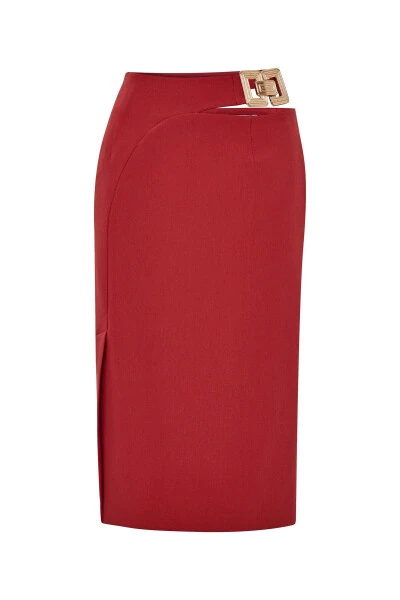 Юбка-карандаш с разрезом и металлической пряжкой на талии - 6