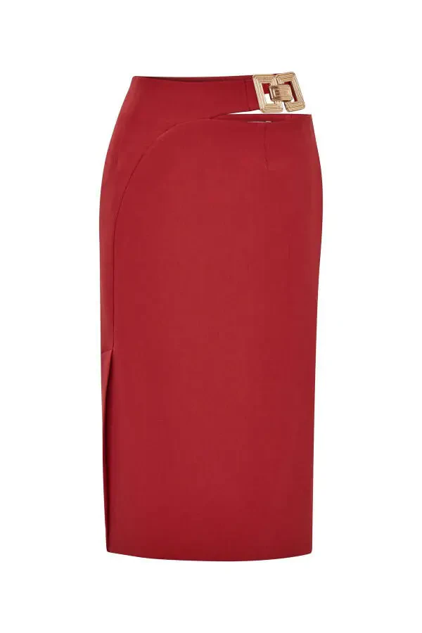 Юбка-карандаш с разрезом и металлической пряжкой на талии - 6