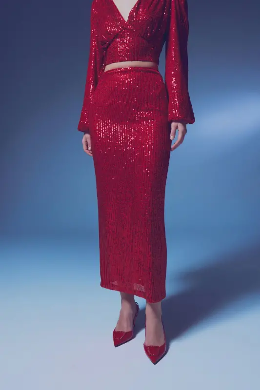 Юбка-макси с пайетками - КРАСНЫЙ-КРАСНЫЙ - 6