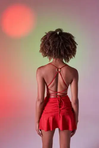 Юбка мини Delphi красная с высокой талией и деталями со сборками - 5