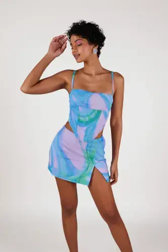 Юбка мини тюль Sierra с разрезом, синяя - HOLLY LOLLY (1)