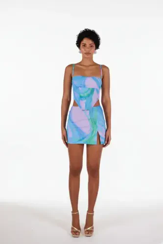 Юбка мини тюль Sierra с разрезом, синяя - 3