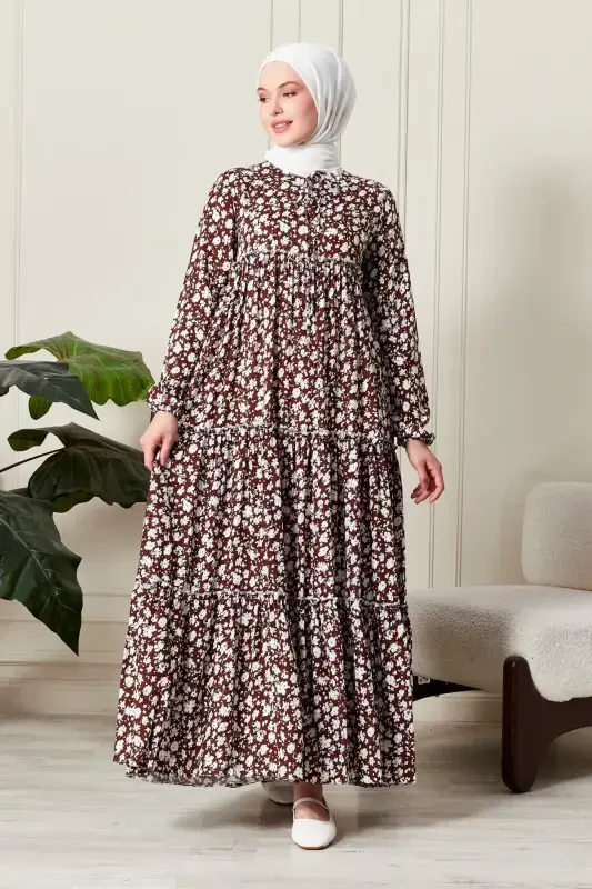 Юбка Многослойная Цветочная Цыганская Вискозное Платье Скромное Платье Мамино Платье Молитвенное Платье - Цветочный Узор Коричневый - 4