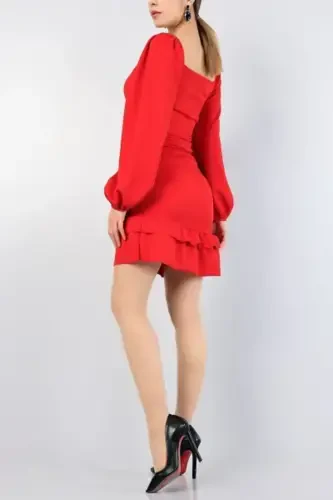 Юбка-плиссе, длинные рукава, эластичный креповый материал, красное вечернее платье, ночное платье, мини-платье 581878 639-КРАСНЫЙ МИНИ - 5