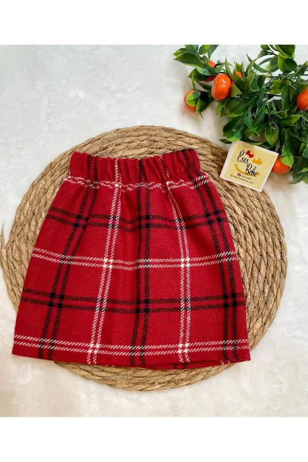 Юбка-принцесса из красной клетчатой ​​твидовой ткани для девочек / младенцев - 1