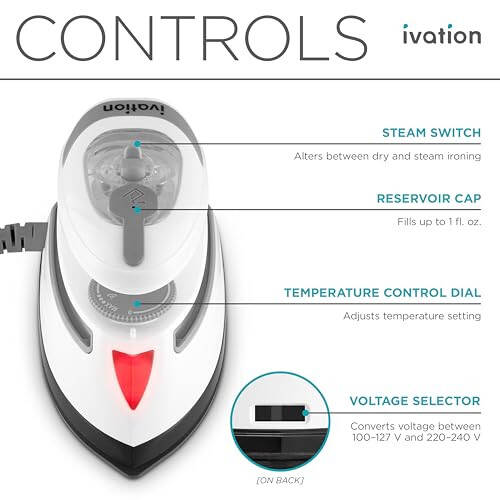 Ivation Travel Steam Iron | Mini Dual Voltage Dry Iron & Clothes Steamer with Nonstick Soleplate, Temperature Control & Indicator Light | Heats in Seconds, Small & Compact, ETL Certified, 1.3 Lbs. - 3