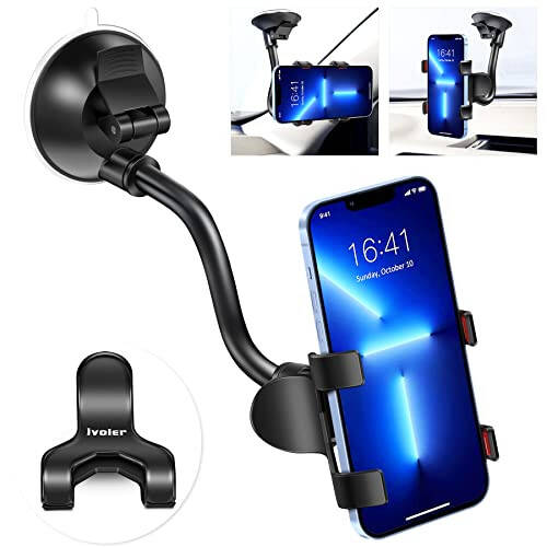 Ivoler Car Phone Mount Windshield, Long Arm Clamp Universal Windshield with Double Clip Strong Suction Cup Cell Phone Holder Compatible with iPhone 15 14 13 Pro Max XS 7 8 Plus, Galaxy S24 S23 Ultra - 1