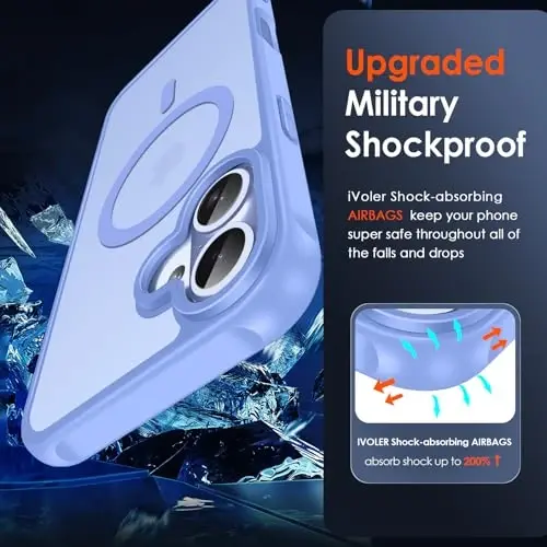 ivoler iPhone 17 6.3'' uchun magnitli g'ilof [Magsafe bilan mos] [15FT harbiy darajadagi himoya] Magnit zaryadlovchi g'ilof Bamper, iPhone 17 uchun muzli yarim shaffof orqa qopqoq - och ko'k - 6