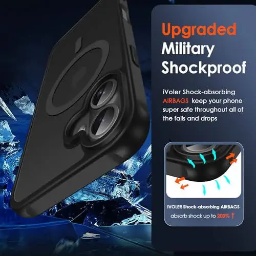 ivoler Magnetic Case for iPhone 16 6.1'' [Compatible with Magsafe] [15 FT Military Grade Protection] Magnetic Charger Case Bumper for 16, Frosted Translucent Back Phone Cover- Matte Black - 6